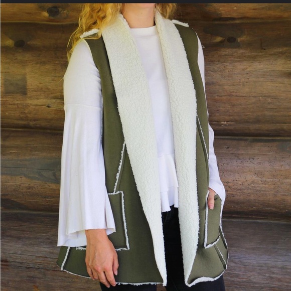 indigo soul Jackets & Blazers - Indigo Soul Clothes Small Sherpa Lined Vest Olive Green Cotton Relaxed Fit S